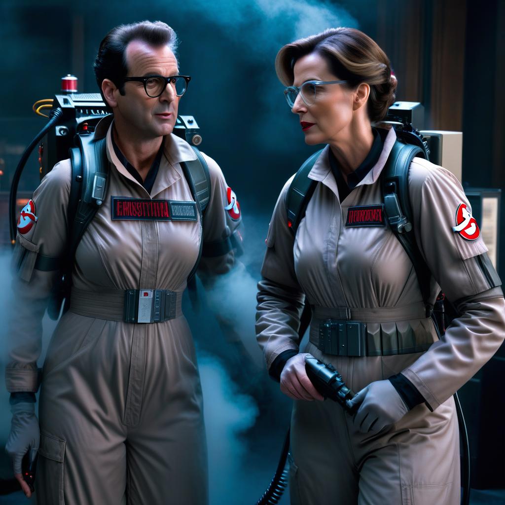  Ghostbusters, the housekeeper and the housekeeper hyperrealistic, full body, detailed clothing, highly detailed, cinematic lighting, stunningly beautiful, intricate, sharp focus, f/1. 8, 85mm, (centered image composition), (professionally color graded), ((bright soft diffused light)), volumetric fog, trending on instagram, trending on tumblr, HDR 4K, 8K