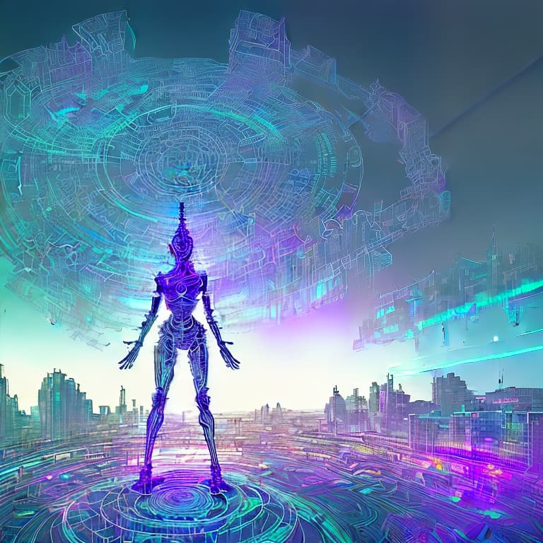  In a vast horizon of futuristic cityscape, the goddess mecharchangel hovers above towering skyscrapers, casting an ethereal glow of compassion love upon the neon-lit streets. Its sleek and metallic body glimmers in the reflections of the chrome buildings, symbolizing the clash between technology and spirituality. mudra, devotion,prayer, blessing, beaming love light onto the masses, concentric circles of halos made of intricate holographic ancient hyroglyphs sacred geometry emanating stardust