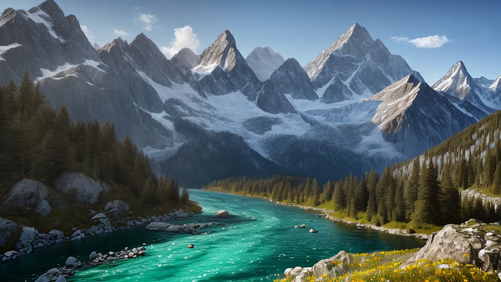  masterpiece, best quality,(fidelity: 1.4), best quality, masterpiece, ultra high resolution, 8k resolution, five-finger mountain, alpine forest, open sky, river, blue sky