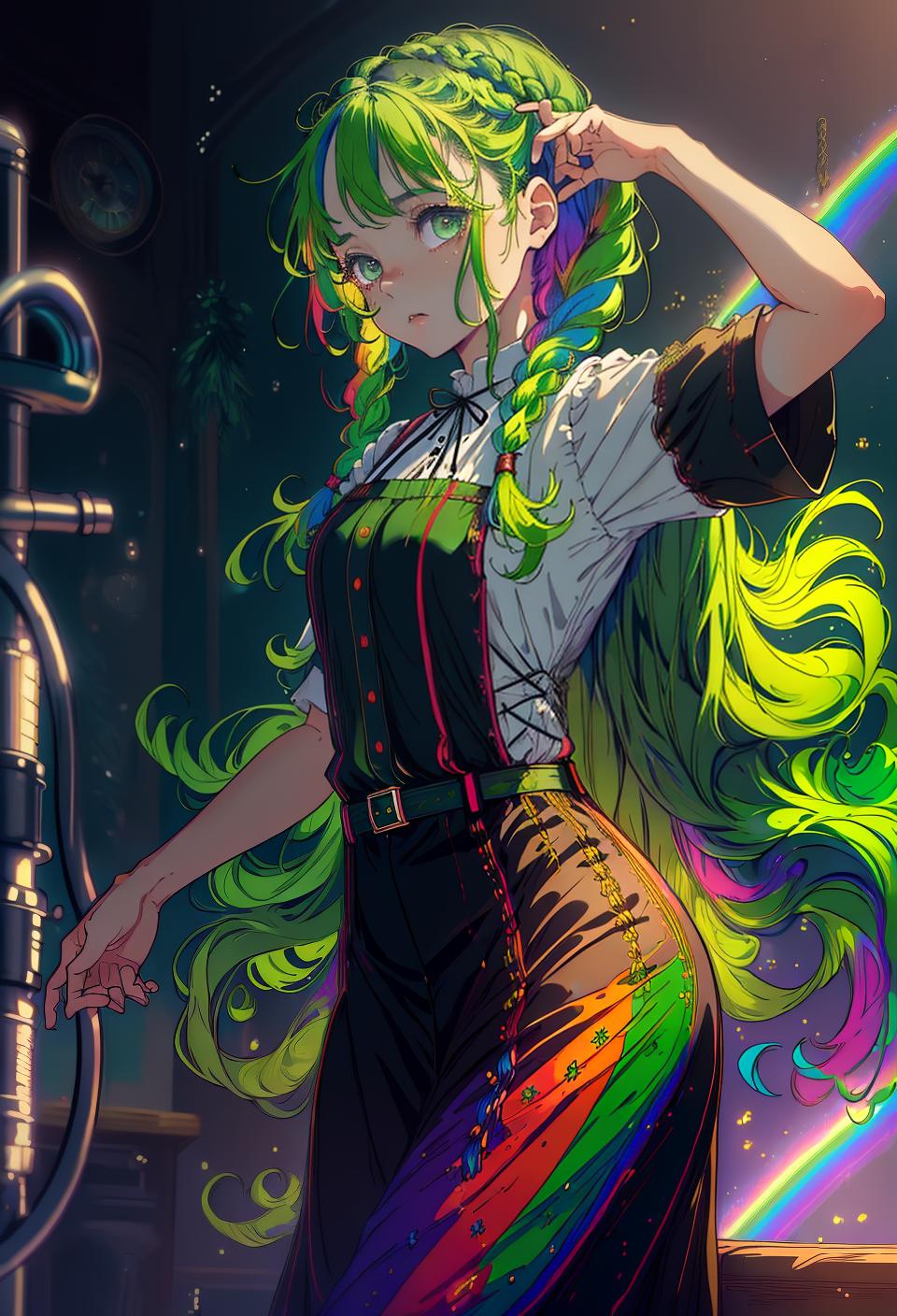  ((trending, highres, masterpiece, cinematic shot)), 1girl, young, female Amish outfit, psychedelic effects, medium-length curly green hair, hair in braids, large rainbow-colored eyes, lazy personality, sleepy expression, grey skin, magical, limber