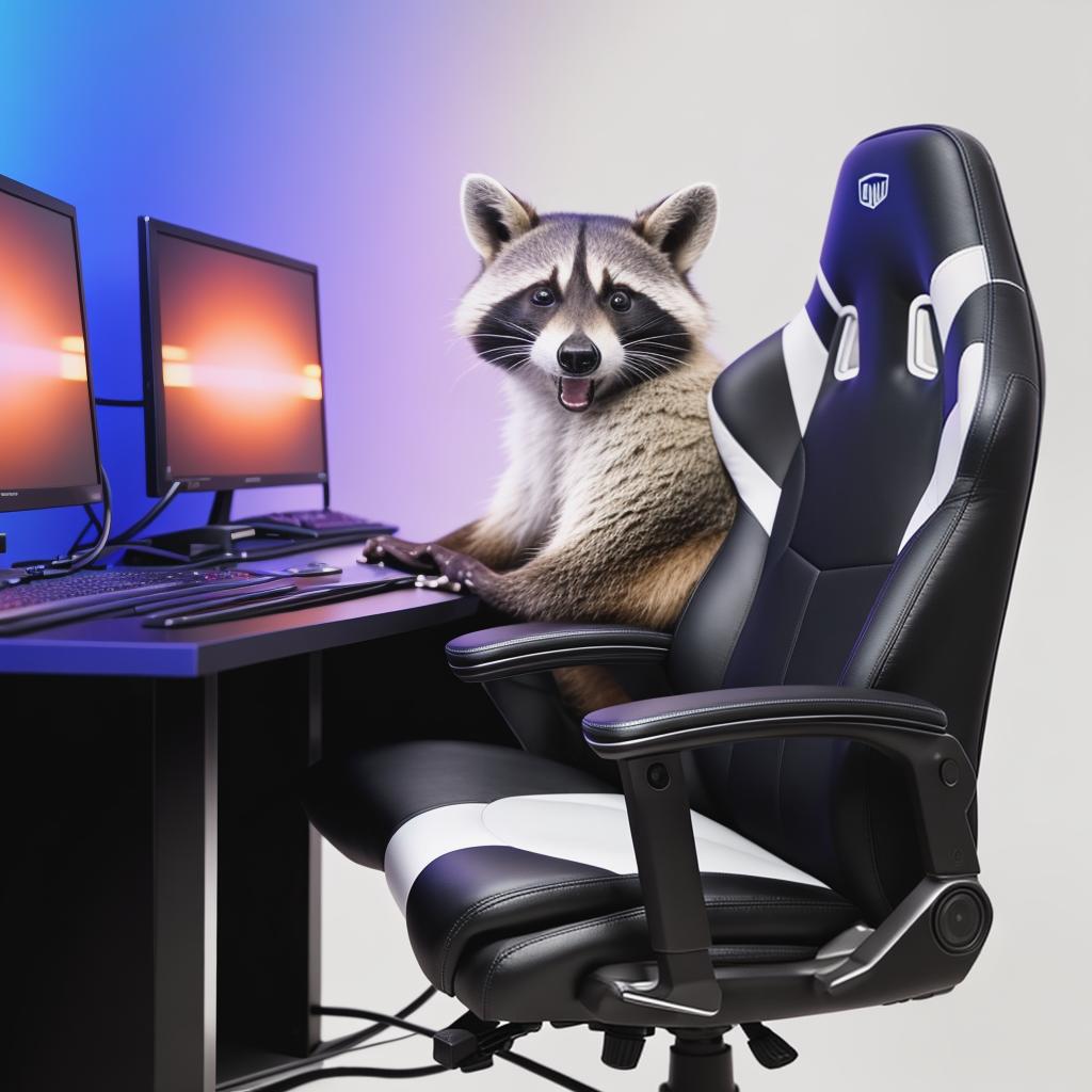  raccoon sitting in gaming chair front a computer on desktop, ((semi anthropomorphic)),(full body), tail, belly, sitting, fat, (chubby), (((white background))), solo, desktop, gaming chair, side view,  [[[clothes]]] hyperrealistic, full body, detailed clothing, highly detailed, cinematic lighting, stunningly beautiful, intricate, sharp focus, f/1. 8, 85mm, (centered image composition), (professionally color graded), ((bright soft diffused light)), volumetric fog, trending on instagram, trending on tumblr, HDR 4K, 8K