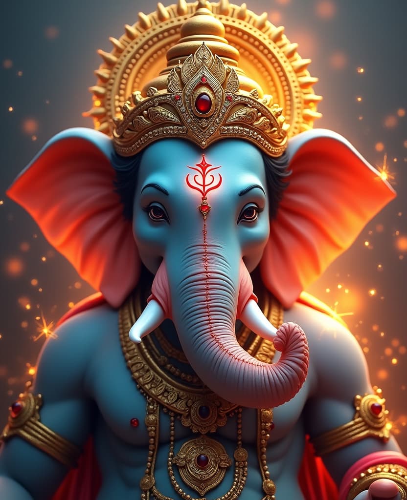  good quality, high quality, create a hyperrealistic, highly detailed image of lord ganesha, the hindu god, with an elephant head. he should have a majestic blue hued skin tone, adorned with intricate, ornate golden jewelry, including a detailed crown with embedded jewels. his forehead should feature traditional hindu markings such as a red trident (trishul) symbol, and other divine symbols. surround ganesha with glowing embers and warm fire like lighting to give the image a celestial and divine atmosphere. make sure the background is dynamic and filled with sparks of light to emphasize his divine energy. the overall style should be artistic, mystical, and vibrant, evoking reverence