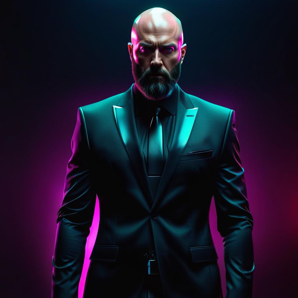  cyberpunk game style a bald and bearded man in a black suit . neon, dystopian, futuristic, digital, vibrant, detailed, high contrast, reminiscent of cyberpunk genre video games hyperrealistic, full body, detailed clothing, highly detailed, cinematic lighting, stunningly beautiful, intricate, sharp focus, f/1. 8, 85mm, (centered image composition), (professionally color graded), ((bright soft diffused light)), volumetric fog, trending on instagram, trending on tumblr, HDR 4K, 8K