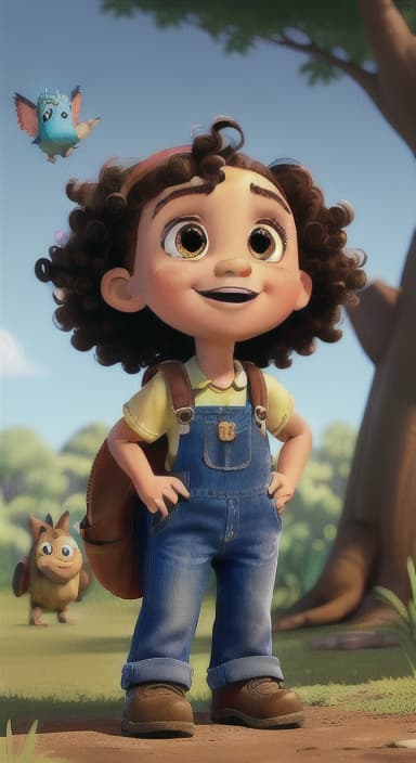  {Riley looking up at the tree with a big smile, animals surrounding them., Riley, a curious with big brown eyes and curly hair, wearing overalls and carrying a small backpack. Their friend, Skye, a bluebird with shiny feathers.