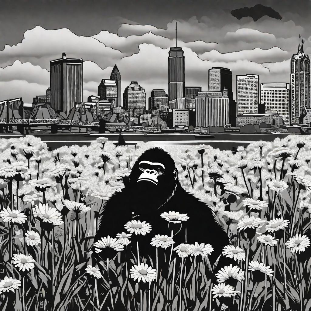  masterpiece, best quality, King Kong holding white daisies, boston skyline, black and white