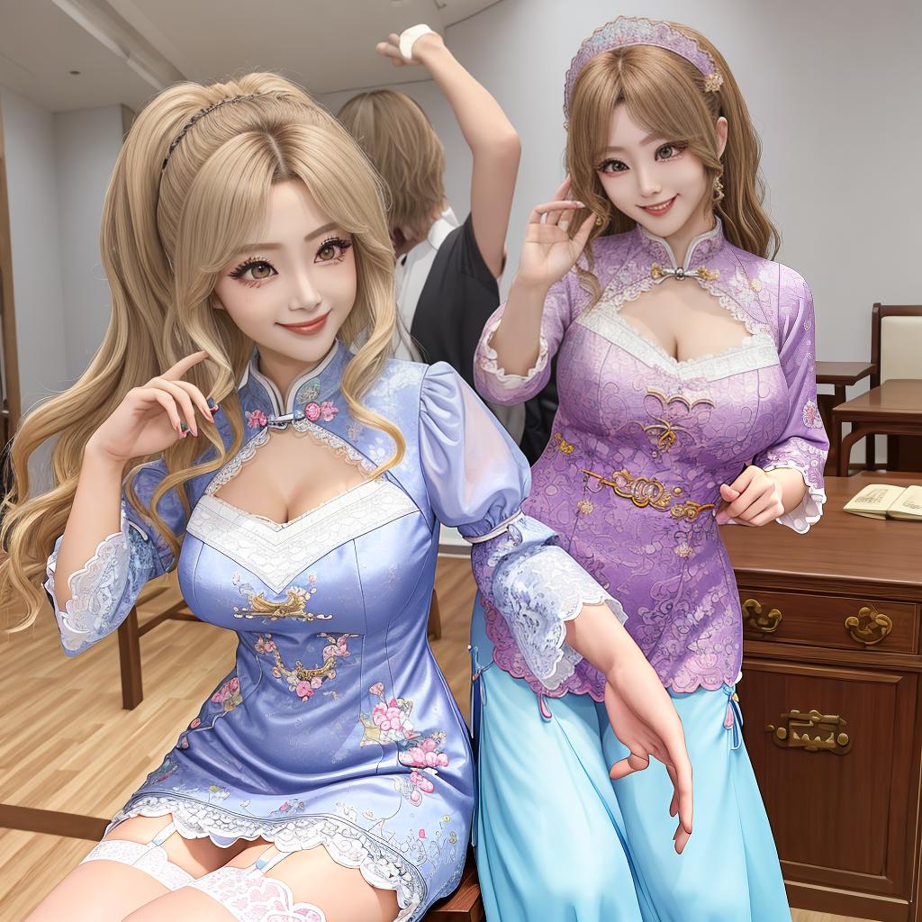  masterpiece, best quality, ,lace trim,bare_,gyaru,dancing ,color contact lenses,sticking out tongue, smile, hair,cheongsam,on back,looking away,adjusting_thighhigh