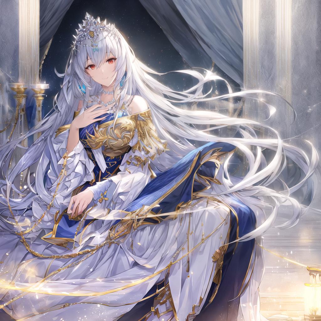  portrait, masterpiece, best quality, high res, (solo:1.5), 1female, fairly white skin, long blue silver hair, queen tiara, silk cloths, necklace, front shot, illustration, high res, good detailed hyperrealistic, full body, detailed clothing, highly detailed, cinematic lighting, stunningly beautiful, intricate, sharp focus, f/1. 8, 85mm, (centered image composition), (professionally color graded), ((bright soft diffused light)), volumetric fog, trending on instagram, trending on tumblr, HDR 4K, 8K