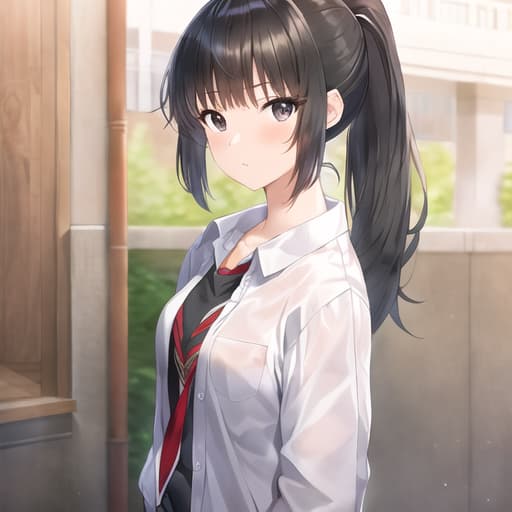  master piece , best quality,High school girl, black hair, ponytail, standing, black eyes