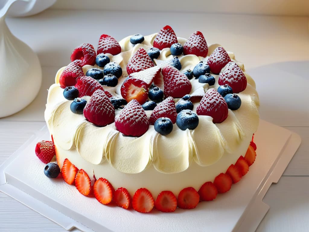  An ultradetailed image of a pristine white pavlova base, perfectly baked with a crunchy exterior and a delicate, fluffy interior. The pavlova is elegantly adorned with a symmetrical arrangement of vibrant mixed berries plump raspberries, juicy strawberries, and blueberries glistening with a light syrup. The fruits are artistically placed on a swirl of whipped cream, with a dusting of powdered sugar delicately sprinkled on top. The background is a soft focus, highlighting the intricate details of the pavlova and the vivid colors of the fresh berries. hyperrealistic, full body, detailed clothing, highly detailed, cinematic lighting, stunningly beautiful, intricate, sharp focus, f/1. 8, 85mm, (centered image composition), (professionally color graded), ((bright soft diffused light)), volumetric fog, trending on instagram, trending on tumblr, HDR 4K, 8K