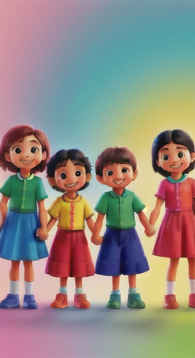  {A bright and colorful book cover with a group of happy children holding hands in a circle., Children of various ethnicities. They are smiling and wearing colorful clothing.