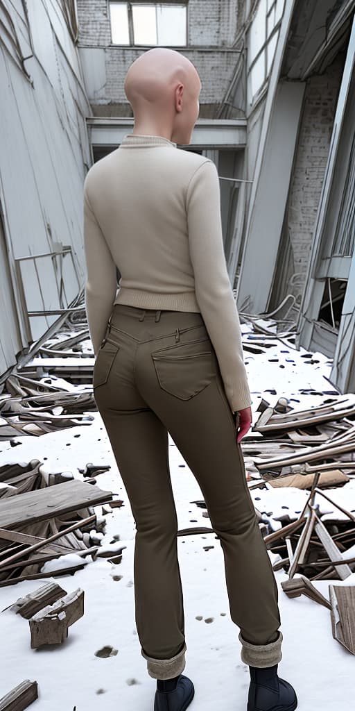  bald-girl, in winter clothes, with her back down, pants down, in an abandoned building, winter