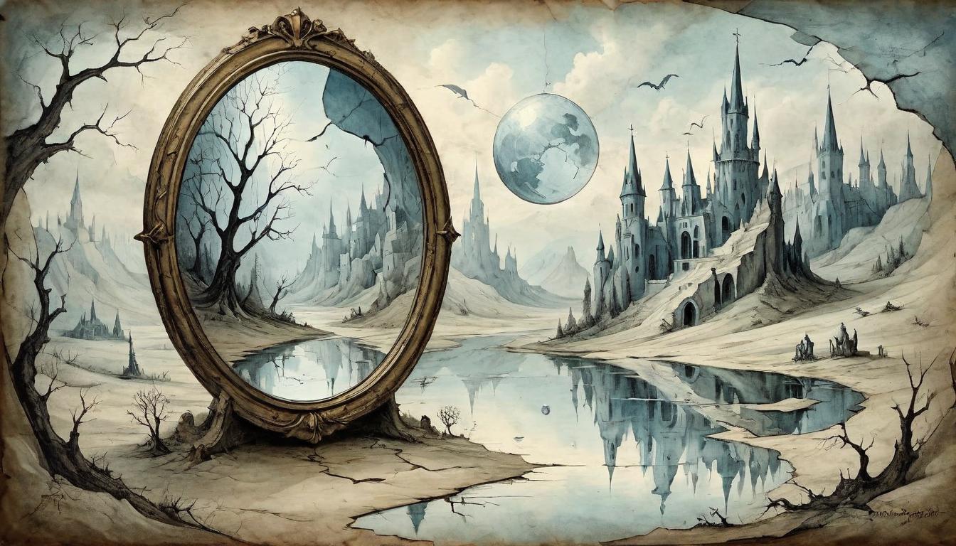  on parchment, surrealism+++, A mirror cracked but reflecting a clear, undistorted landscape, reality amidst illusion, truth overcoming fragmentation.(mysterious, provocative, symbolic,muted color)+++