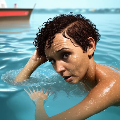  tanned woman with short and curly haircut is in the water up to her forehead she's panic she's sinking and drowning