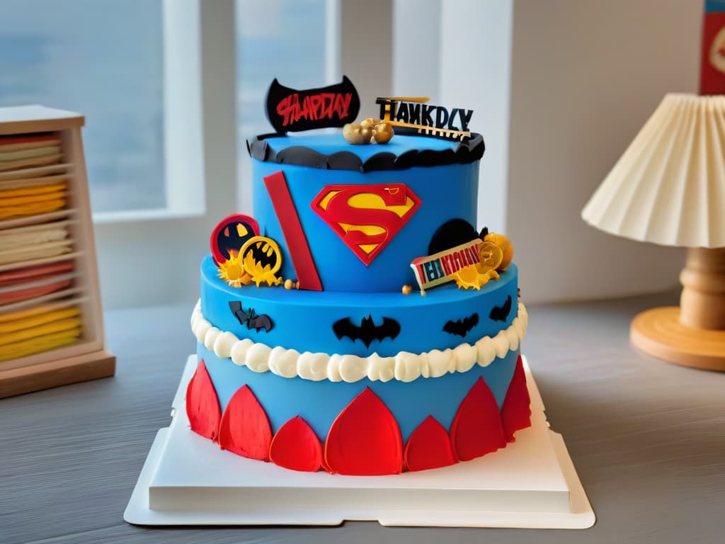  A photorealistic image of a multitiered superherothemed cake standing tall on a decorated table. The cake is intricately designed with edible fondant sculptures of popular superheroes in dynamic poses, surrounded by colorful comic bookstyle decorations. The background shows a bustling bakery kitchen filled with professional baking tools and ingredients, adding a sense of creativity and skill to the image. hyperrealistic, full body, detailed clothing, highly detailed, cinematic lighting, stunningly beautiful, intricate, sharp focus, f/1. 8, 85mm, (centered image composition), (professionally color graded), ((bright soft diffused light)), volumetric fog, trending on instagram, trending on tumblr, HDR 4K, 8K