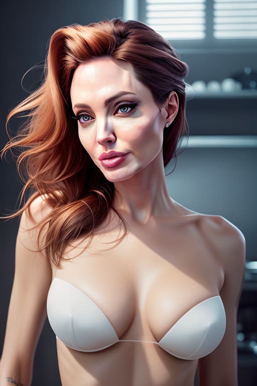  a photorealistic portrait of Angelina Jolie, a playful maid, undercut hair, amazing body, pronounced feminine feature, busty, kitchen, topless flirting with camera hyperrealistic, full body, detailed clothing, highly detailed, cinematic lighting, stunningly beautiful, intricate, sharp focus, f/1. 8, 85mm, (centered image composition), (professionally color graded), ((bright soft diffused light)), volumetric fog, trending on instagram, trending on tumblr, HDR 4K, 8K