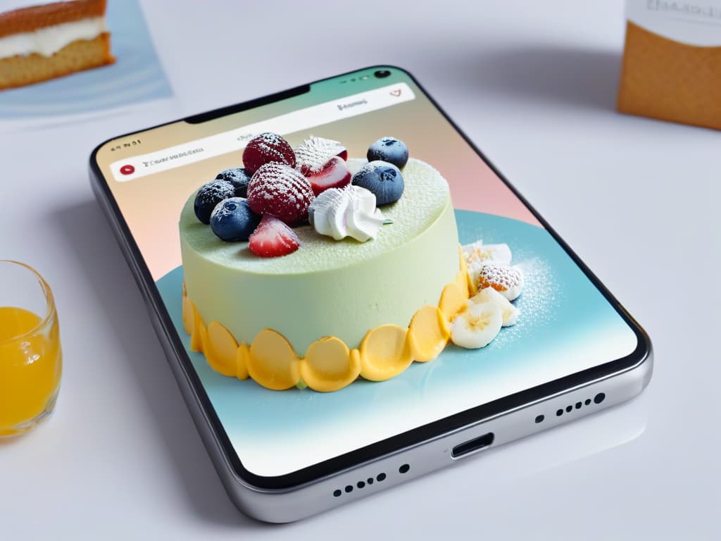  An ultradetailed image of a sleek and modern smartphone displaying a vibrant and intricately designed dessert creation app interface. The app screen features a minimalist design with pastel colors, intuitive navigation, and artistic dessert images that inspire creativity and innovation in dessert design. The background is a soft gradient that enhances the overall aesthetic appeal of the image, perfectly capturing the essence of the article's focus on top apps for creative dessert designers. hyperrealistic, full body, detailed clothing, highly detailed, cinematic lighting, stunningly beautiful, intricate, sharp focus, f/1. 8, 85mm, (centered image composition), (professionally color graded), ((bright soft diffused light)), volumetric fog, trending on instagram, trending on tumblr, HDR 4K, 8K