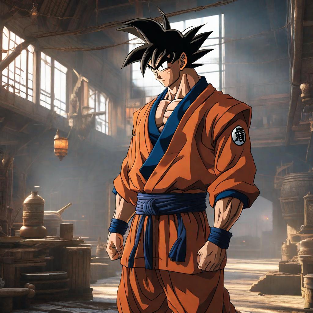  Goku, anime concept art by Hayao Miyazaki, featured on pixiv, fantasy art, concept art, official art, high detailed hyperrealistic, full body, detailed clothing, highly detailed, cinematic lighting, stunningly beautiful, intricate, sharp focus, f/1. 8, 85mm, (centered image composition), (professionally color graded), ((bright soft diffused light)), volumetric fog, trending on instagram, trending on tumblr, HDR 4K, 8K