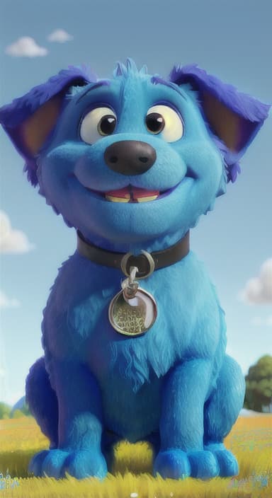  {A happy, big blue dog wagging its tail in a colorful meadow, The big blue dog is large with sky blue fur, big round eyes, a black nose, and floppy ears.