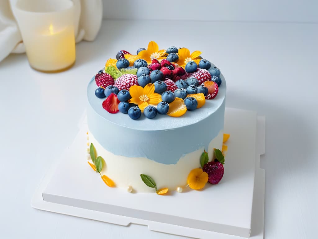  A minimalist illustration of a beautifully decorated vegan cake, featuring layers of colorful fruits and edible flowers on top, set against a clean white background. The cake is intricately detailed, showcasing intricate piping work and delicate decorations that highlight its vegan ingredients. The overall aesthetic is elegant and captivating, appealing to those seeking visually stunning vegan dessert inspiration. hyperrealistic, full body, detailed clothing, highly detailed, cinematic lighting, stunningly beautiful, intricate, sharp focus, f/1. 8, 85mm, (centered image composition), (professionally color graded), ((bright soft diffused light)), volumetric fog, trending on instagram, trending on tumblr, HDR 4K, 8K