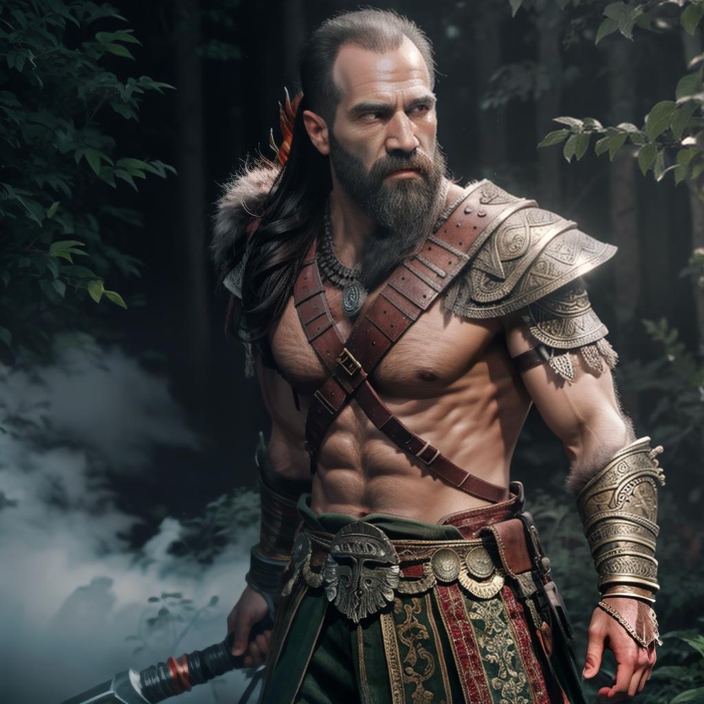  God of war hyperrealistic, full body, detailed clothing, highly detailed, cinematic lighting, stunningly beautiful, intricate, sharp focus, f/1. 8, 85mm, (centered image composition), (professionally color graded), ((bright soft diffused light)), volumetric fog, trending on instagram, trending on tumblr, HDR 4K, 8K