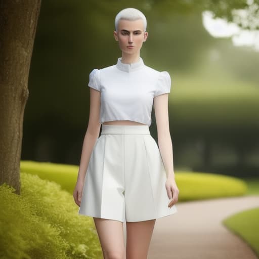  head-to-toe, a timid 16 y/o shy very pale tall slim white fragile  , buzz-cut hair hairband, stands at attention,  straight tight together, feet inward, joint hands, ish round collar, puff sleeves,   short shorts, long bare very pale y , cute y flat sandals, in a park, serious, looks down, good , full view head-to-toe, color photograph hyperrealistic, full body, detailed clothing, highly detailed, cinematic lighting, stunningly beautiful, intricate, sharp focus, f/1. 8, 85mm, (centered image composition), (professionally color graded), ((bright soft diffused light)), volumetric fog, trending on instagram, trending on tumblr, HDR 4K, 8K