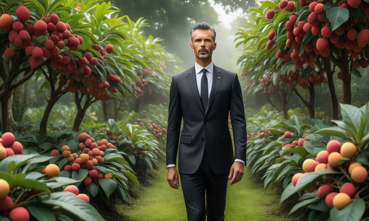  hyperrealistic art Garden with a lot of litchi fruits. A man in a black suit walking through the garden with many litchis. . extremely high resolution details, photographic, realism pushed to extreme, fine texture, incredibly lifelike hyperrealistic, full body, detailed clothing, highly detailed, cinematic lighting, stunningly beautiful, intricate, sharp focus, f/1. 8, 85mm, (centered image composition), (professionally color graded), ((bright soft diffused light)), volumetric fog, trending on instagram, trending on tumblr, HDR 4K, 8K