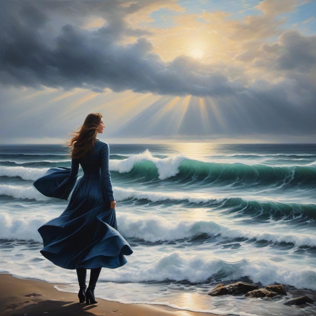  hyperrealistic art Create a seascape painting in the style of impressionism, depicting a young woman standing on the shore and admiring the waves of the sea in March. The sky should be partially cloudy with sun rays breaking through, and the sea should be dark blue, conveying the mood of early spring. Description: Composition: The painting features a seascape with a young woman standing on the shore in the foreground, facing the sea. She is wearing a light dress and her pose conveys a sense of calmness and contemplation. The background shows the vastness of the sea, blending with the sky at the horizon. Light: The lighting is soft and diffused, creating a cool and moist atmosphere typical of March weather. The sun is shining through thin cl hyperrealistic, full body, detailed clothing, highly detailed, cinematic lighting, stunningly beautiful, intricate, sharp focus, f/1. 8, 85mm, (centered image composition), (professionally color graded), ((bright soft diffused light)), volumetric fog, trending on instagram, trending on tumblr, HDR 4K, 8K