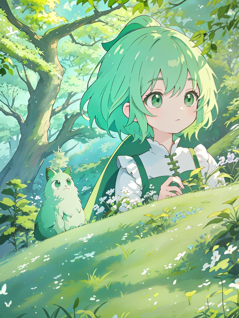  Ghibli style style green hair character, masterpiece, best quality,8k,ultra detailed,high resolution,an extremely delicate and beautiful,hyper detail