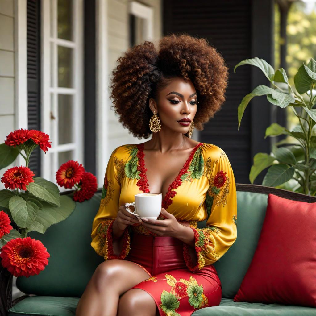  3D monochrome image using alcohol ink of an African-American woman with voluminous ringlet curls adorned with red flowers. She is wearing red, yellow, and green diamond jewelry. Her attire is a yellow and green boho blouse with red sunflowers on it, and red flowy boho pants. Yellow slides. She is sitting on a fluffy fur black couch on a porch drinking a cup of coffee and reading a book. hyperrealistic, full body, detailed clothing, highly detailed, cinematic lighting, stunningly beautiful, intricate, sharp focus, f/1. 8, 85mm, (centered image composition), (professionally color graded), ((bright soft diffused light)), volumetric fog, trending on instagram, trending on tumblr, HDR 4K, 8K