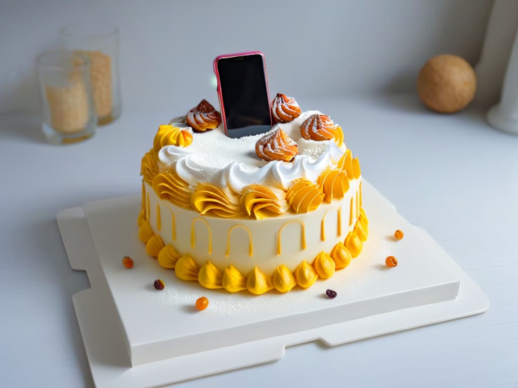  A highresolution, ultradetailed image of a sleek, minimalist smartphone displaying an augmented reality app for baking, showcasing a lifelike 3D model of a beautifully decorated cake superimposed onto a kitchen countertop. The app interface is clean and modern, with vibrant colors and intuitive design elements, creating a visually stunning and engaging visual representation of augmented reality technology in the context of baking and pastry decoration. hyperrealistic, full body, detailed clothing, highly detailed, cinematic lighting, stunningly beautiful, intricate, sharp focus, f/1. 8, 85mm, (centered image composition), (professionally color graded), ((bright soft diffused light)), volumetric fog, trending on instagram, trending on tumblr, HDR 4K, 8K