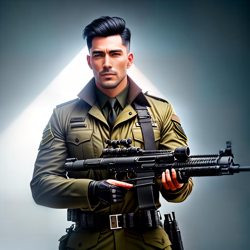  A young man is standing in a military uniform and holding a machine gun from behind; he is standing in a modern car with military paint, RTX, Full HD, detail hyperrealistic, full body, detailed clothing, highly detailed, cinematic lighting, stunningly beautiful, intricate, sharp focus, f/1. 8, 85mm, (centered image composition), (professionally color graded), ((bright soft diffused light)), volumetric fog, trending on instagram, trending on tumblr, HDR 4K, 8K
