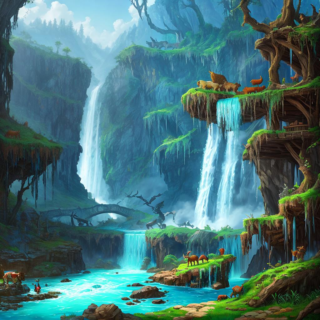  in a fantasy setting, Paint a surreal landscape where mythical beasts roam amidst cascading waterfalls.