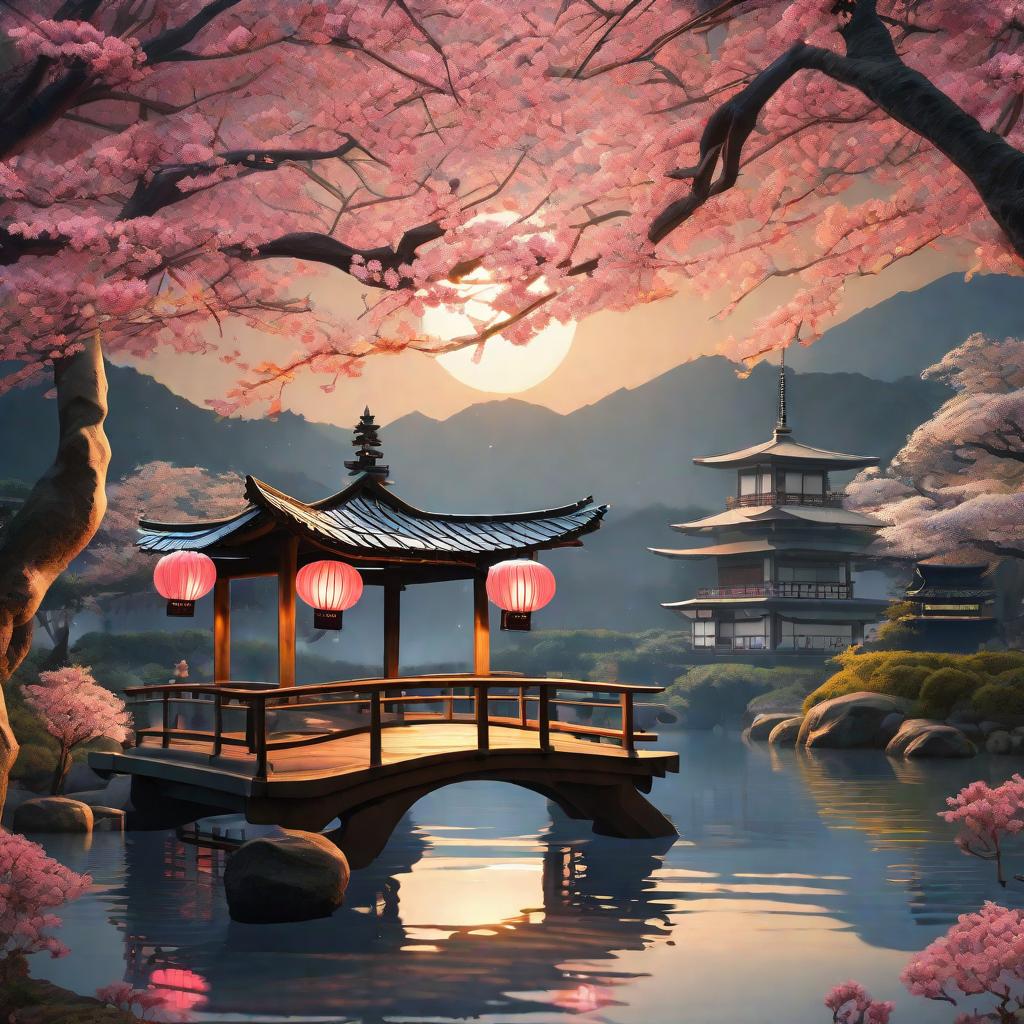  masterpiece, best quality, (fidelity:1.4), best quality, masterpiece, ultra high resolution, 8k resolution, night view inspired by Japanese art, featuring a garden illuminated by paper lanterns and a wooden bridge spanning a tranquil lake with a small Zen temple beside the lake.