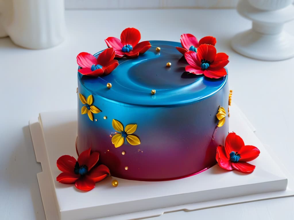  A closeup, photorealistic image of a stunning mirror glaze cake with vibrant swirls of colors reflecting light, showcasing the artistry and modern techniques of gelificados en repostería. The cake is elegantly decorated with delicate edible flowers and shimmering edible gold leaf, set on a sleek, minimalist white plate to emphasize the intricate details of the dessert. hyperrealistic, full body, detailed clothing, highly detailed, cinematic lighting, stunningly beautiful, intricate, sharp focus, f/1. 8, 85mm, (centered image composition), (professionally color graded), ((bright soft diffused light)), volumetric fog, trending on instagram, trending on tumblr, HDR 4K, 8K