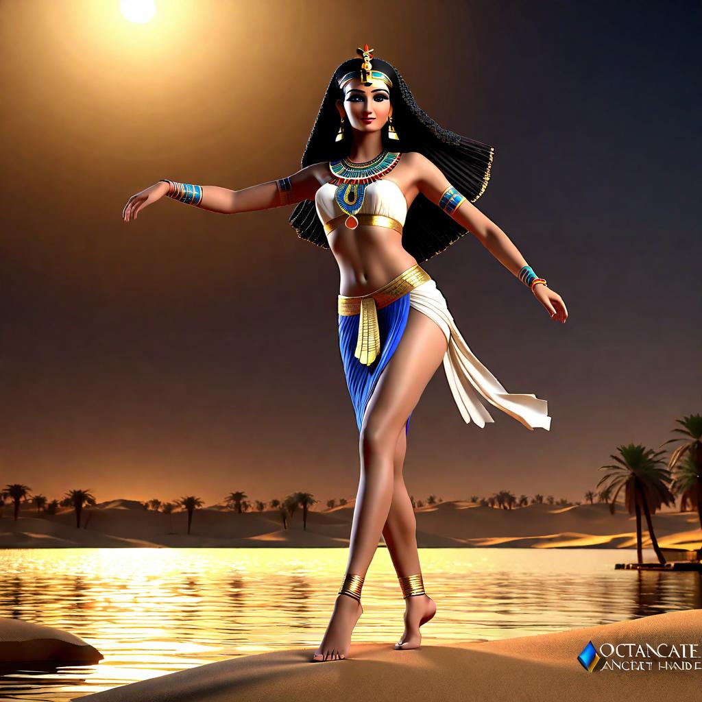  professional 3d model professional 3d model young ancient egyptian woman dance, small, (nude), without clothes,, natural, (topless), long black hair, at full heigh body, perfect symmetric eyes, gorgeous face, action pose, full height body, on the banks of the Nile, night. octane render, highly detailed, volumetric, dramatic lighting . octane render, highly detailed, volumetric, dramatic lighting