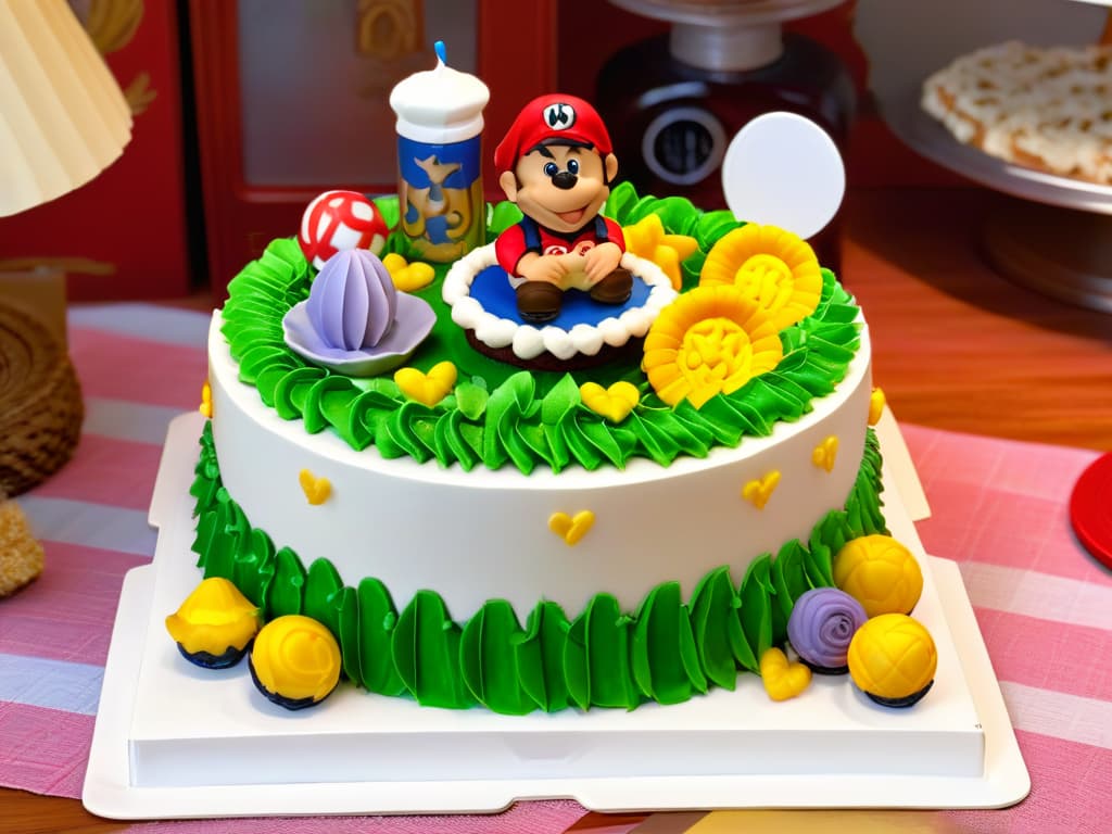  A highresolution closeup image of a beautifully decorated cake adorned with intricate licensed character figurines and designs, showcasing the artistry and creativity that can be achieved through licensed baking products. The cake should feature vibrant colors, precise detailing, and a visually appealing composition that highlights the seamless integration of licensed elements into the culinary masterpiece. hyperrealistic, full body, detailed clothing, highly detailed, cinematic lighting, stunningly beautiful, intricate, sharp focus, f/1. 8, 85mm, (centered image composition), (professionally color graded), ((bright soft diffused light)), volumetric fog, trending on instagram, trending on tumblr, HDR 4K, 8K