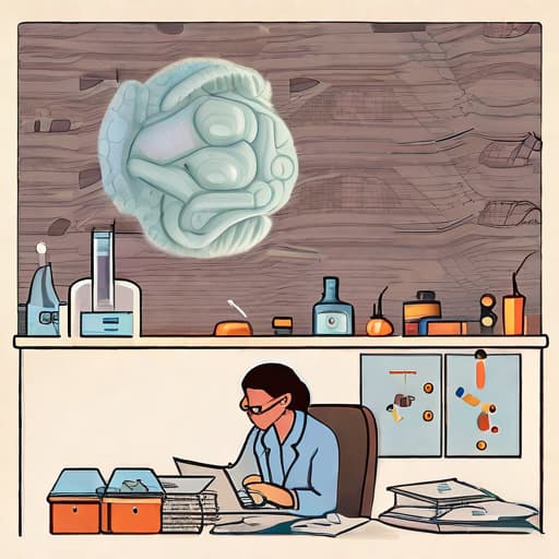  Create a fantasy image of a neuroscientific R&D team, working hard under pressure. The team comprises 2 men and a highly focused, stressed woman, surrounded by a cluttered environment filled with papers, charts, and lab equipment.