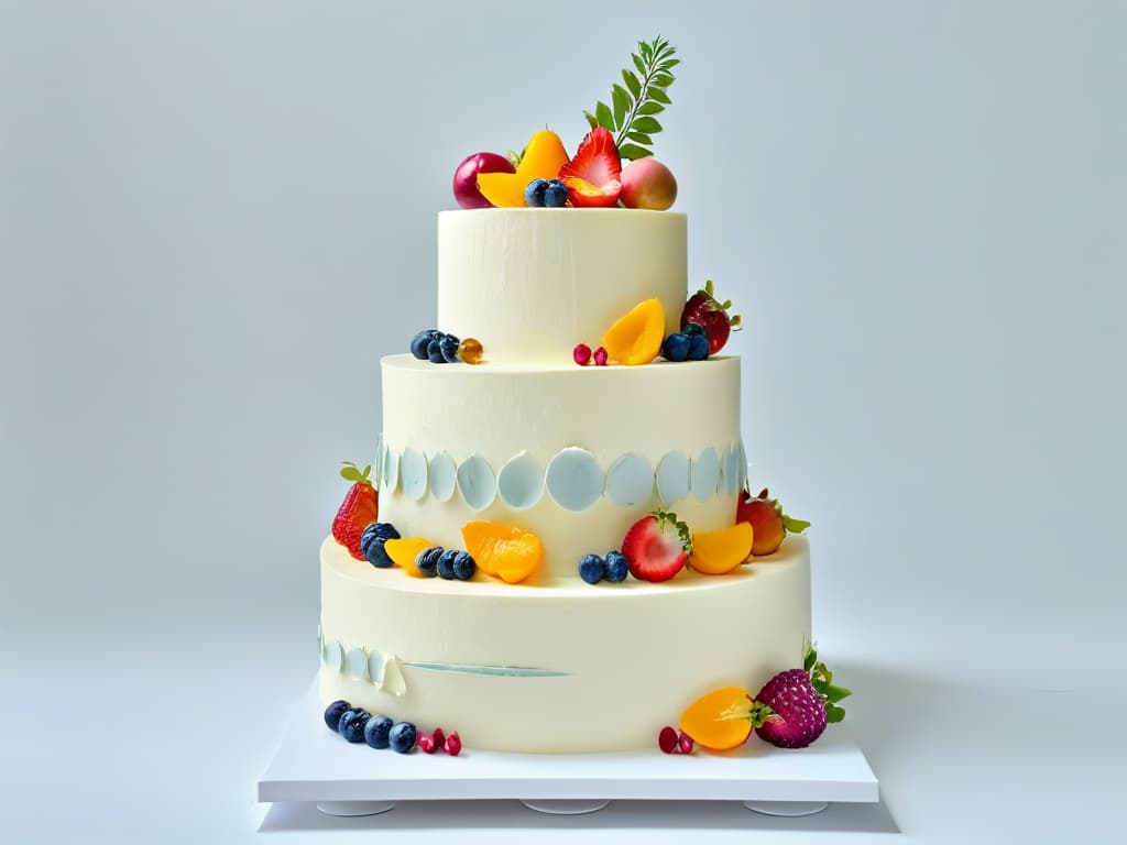  A minimalist, ultradetailed image of a beautifully decorated vegan wedding cake, featuring intricate floral designs made of colorful fruits and edible flowers. The cake is displayed on a sleek, modern white cake stand against a clean, white background, showcasing the artistry and elegance of vegan baking for special events. hyperrealistic, full body, detailed clothing, highly detailed, cinematic lighting, stunningly beautiful, intricate, sharp focus, f/1. 8, 85mm, (centered image composition), (professionally color graded), ((bright soft diffused light)), volumetric fog, trending on instagram, trending on tumblr, HDR 4K, 8K