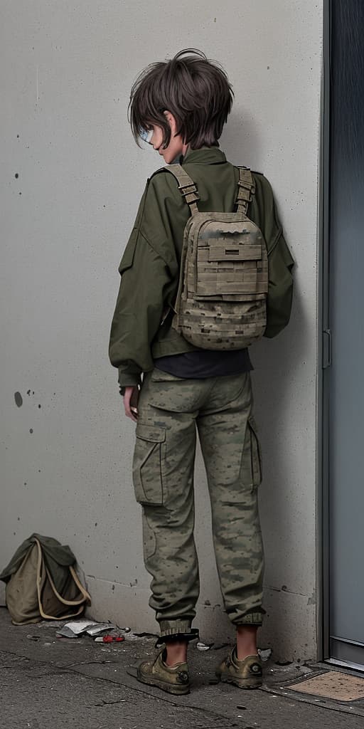  homeless-girl, boy's haircut, wearing only military pants, dirty, with her back, around the corner, it's raining