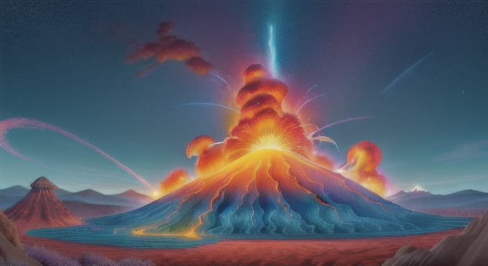  {A magical volcano with colorful swirling lava and sparks flying out of the top., In this story, we meet a brave young explorer with a red hat and a blue backpack.