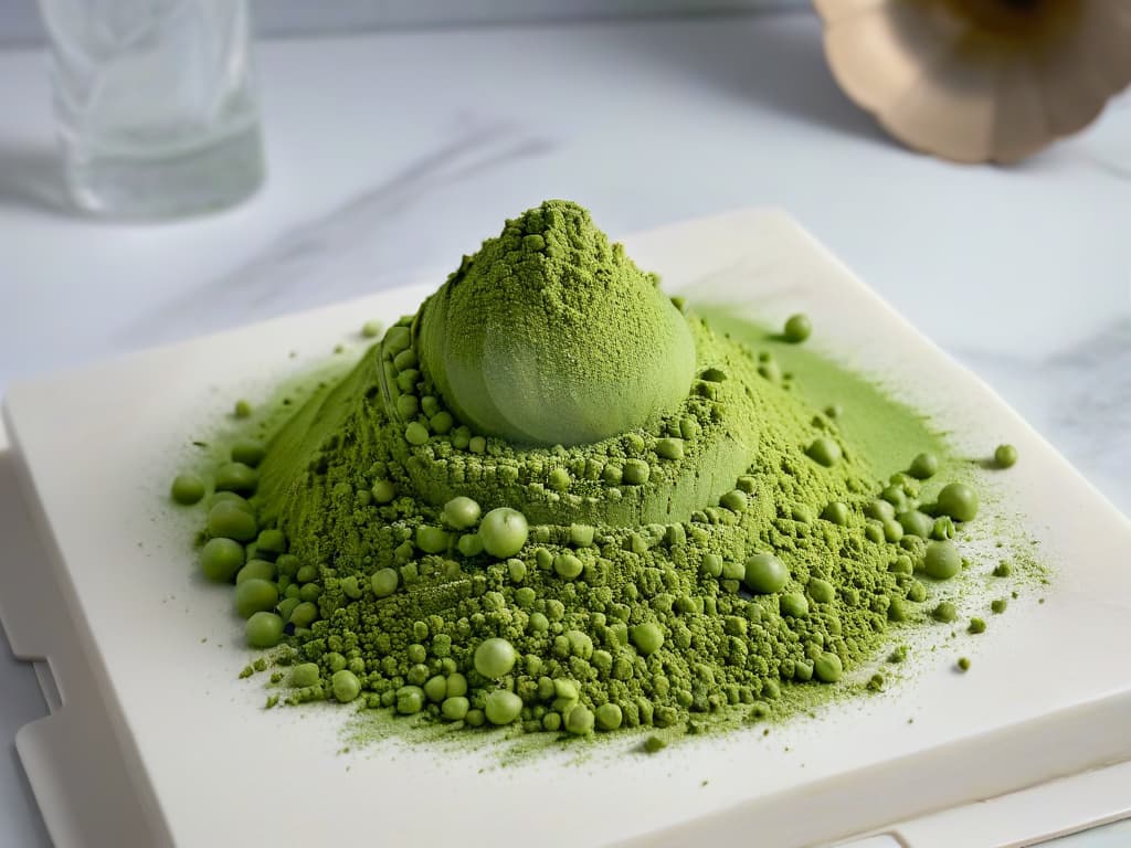  A minimalistic image of a vibrant green matcha powder carefully sifted onto a white marble surface, forming a perfect mound with a fine dusting around it. The soft natural light highlights the vibrant green hue and the fine texture of the powder, creating a serene and elegant atmosphere. hyperrealistic, full body, detailed clothing, highly detailed, cinematic lighting, stunningly beautiful, intricate, sharp focus, f/1. 8, 85mm, (centered image composition), (professionally color graded), ((bright soft diffused light)), volumetric fog, trending on instagram, trending on tumblr, HDR 4K, 8K