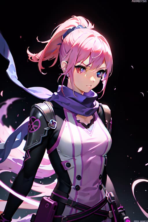  upper body, 1girl, pink hair, ponytail, purple eyes, (ninja), short sword, medium breats ,scarf, wallpaper, magic circle background, light particles, blue fire hyperrealistic, full body, detailed clothing, highly detailed, cinematic lighting, stunningly beautiful, intricate, sharp focus, f/1. 8, 85mm, (centered image composition), (professionally color graded), ((bright soft diffused light)), volumetric fog, trending on instagram, trending on tumblr, HDR 4K, 8K