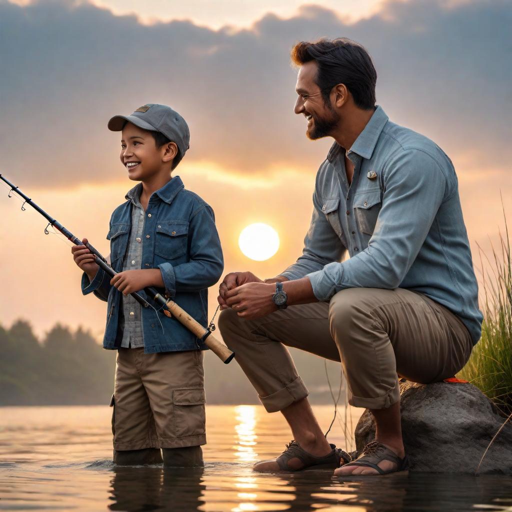  A heartwarming scene of a father and his young son fishing together for the first time on the shore. The sun is setting, casting a warm glow over the scene. The father is teaching his son how to hold the fishing rod, and both are smiling and enjoying their time together. The surroundings are peaceful with gentle waves lapping at the shore and a few birds in the sky. They are wearing casual outdoor clothing suitable for fishing. hyperrealistic, full body, detailed clothing, highly detailed, cinematic lighting, stunningly beautiful, intricate, sharp focus, f/1. 8, 85mm, (centered image composition), (professionally color graded), ((bright soft diffused light)), volumetric fog, trending on instagram, trending on tumblr, HDR 4K, 8K