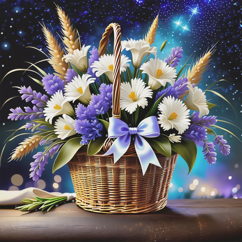  ethereal fantasy concept art of (Bouquet in a wicker basket). The handle of the basket is decorated with a white satin bow with brown polka dots. In the basket is a floral composition: of wheat ears, white and blue carnations, flowers, lavender and in the centre of the bouquet one white lily. (Background):night starry sky with flashes of fireworks. Style:fantasy, watercolour, landscape still life genre. . magnificent, celestial, ethereal, painterly, epic, majestic, magical, fantasy art, cover art, dreamy hyperrealistic, full body, detailed clothing, highly detailed, cinematic lighting, stunningly beautiful, intricate, sharp focus, f/1. 8, 85mm, (centered image composition), (professionally color graded), ((bright soft diffused light)), volumetric fog, trending on instagram, trending on tumblr, HDR 4K, 8K