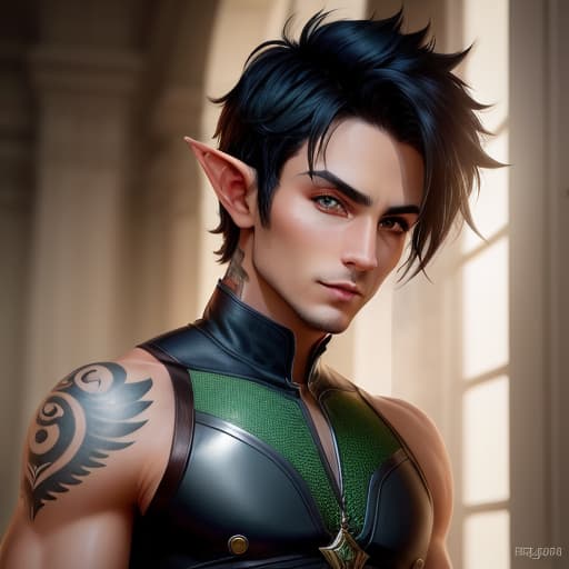  male, half-elf, short black hair, green eyes, tattoos, thin toned build, ranger, hyperrealistic, high quality, highly detailed, perfect lighting, intricate, sharp focus, f/1. 8, 85mm, (centered image composition), (professionally color graded), ((bright soft diffused light)), trending on instagram, HDR 4K, 8K