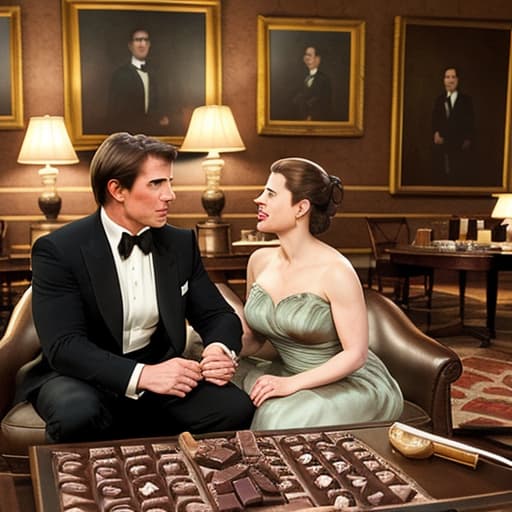  Tom Cruise and attractive Hayley Atwell, mission impossible sitting romantically together in a Kentucky mansion library room. Foreground plate of fine dark chocolates on a coffee table. Background Kentucky historic home. Painting style of Edgar Degas