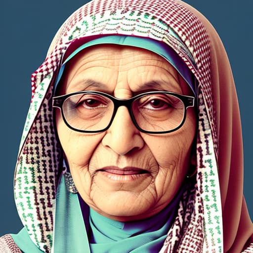  Generate an image of an Arabian grandmother from Jeddah, Saudi Arabia, wearing Hijab and glasses. The photo should capture her from the front, highlighting her traditional attire and reflecting the cultural essence of the Hijaz region.