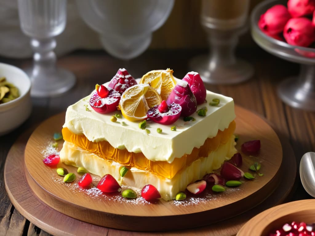  A vibrant image of a beautifully plated Awasheh dessert, featuring layers of creamy yogurt, honeysoaked phyllo dough, and garnished with fresh pomegranate seeds, pistachios, and a drizzle of honey. The dessert is set on a rustic wooden table, surrounded by blooming pink roses and lemon slices, evoking a refreshing and indulgent summer treat. hyperrealistic, full body, detailed clothing, highly detailed, cinematic lighting, stunningly beautiful, intricate, sharp focus, f/1. 8, 85mm, (centered image composition), (professionally color graded), ((bright soft diffused light)), volumetric fog, trending on instagram, trending on tumblr, HDR 4K, 8K