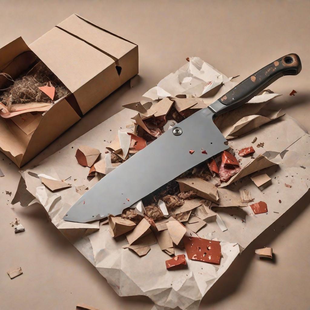  A , the ground, holding a knife in one hand and a package in the other, violently dismantling the package with a knife, paper scraps scattered everywhere