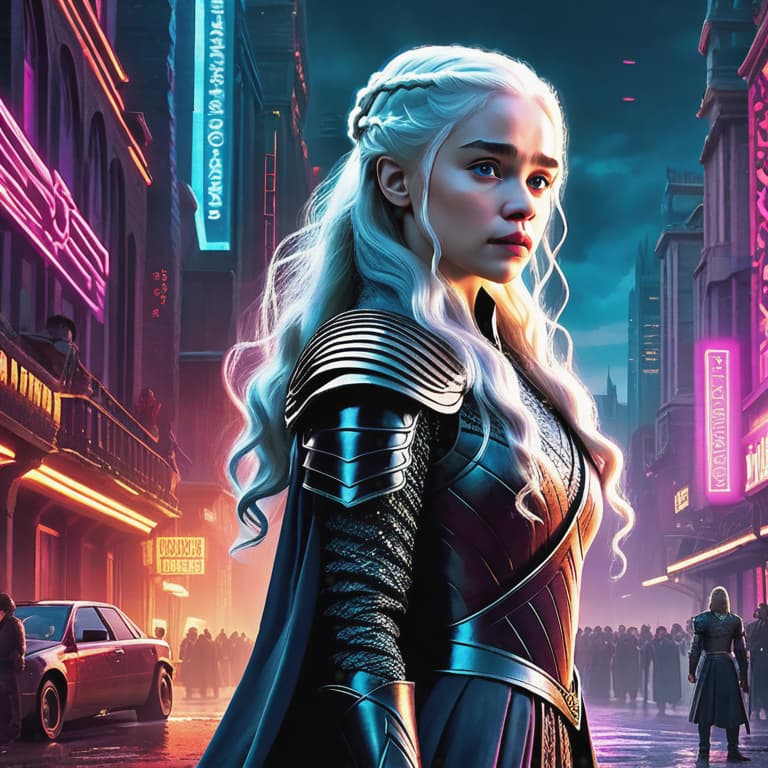  In this visually stunning image, we see Danerys Targaryen, the iconic character from the fantasy series "Game of Thrones," depicted in a futuristic and dystopian setting. Neon lights illuminate the scene, casting a vibrant glow on the detailed architecture of the cityscape behind her. Her fierce and determined expression reveals her inner strength as she stands amongst the chaos, her long flowing hair billowing in the digital wind. This highly contrasted and immersive artwork transports us to a cyberpunk world, where danger and intrigue lurk around every corner. hyperrealistic, full body, detailed clothing, highly detailed, cinematic lighting, stunningly beautiful, intricate, sharp focus, f/1. 8, 85mm, (centered image composition), (professionally color graded), ((bright soft diffused light)), volumetric fog, trending on instagram, trending on tumblr, HDR 4K, 8K